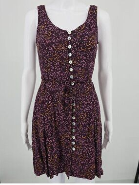 Vintage 1990s DBY Purple Floral Rayon Button Front Sleeveless Mini Sundress (S)